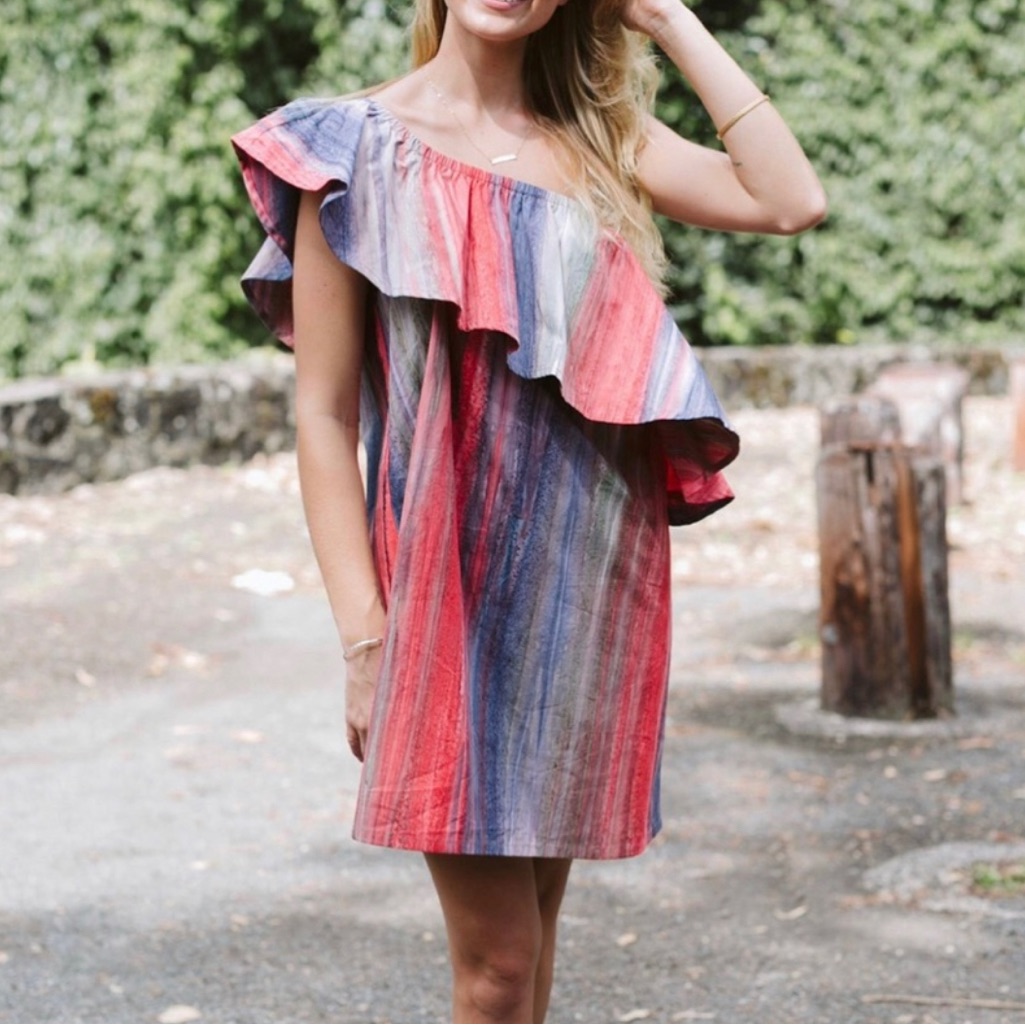 19th & Whimsy Batik Hand Dyed Dress Off Shoulder Ruffle New